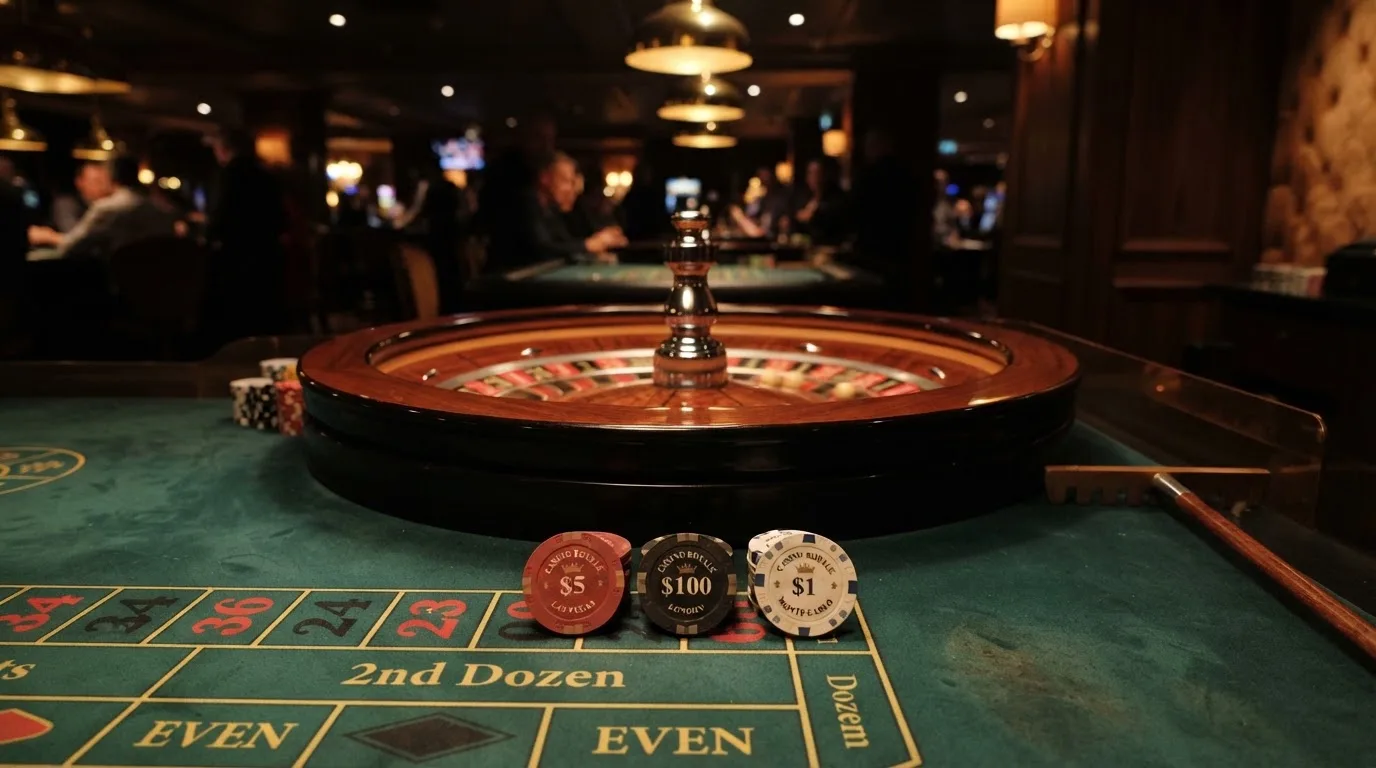 Roulettehjul och spelmarker på grön filt i varmt kvällsljus — 10 euro casino i sverige