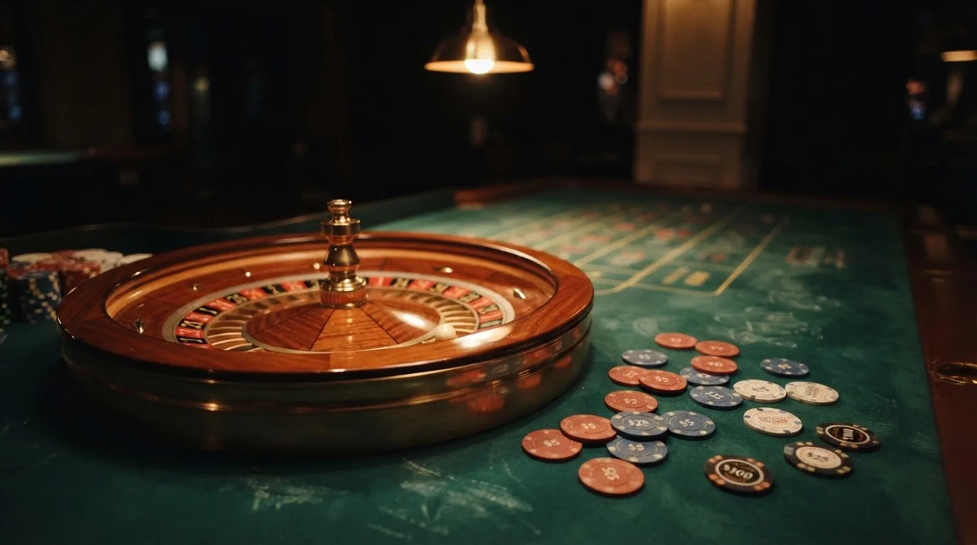 Roulettehjul och spelmarker på grön filt i varmt kvällsljus — 10 free spins casino i sverige