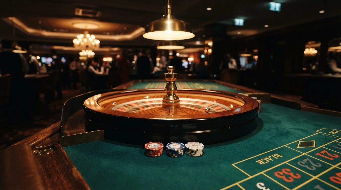 Roulettehjul och spelmarker på grön filt i varmt kvällsljus — 10 kr casino i sverige