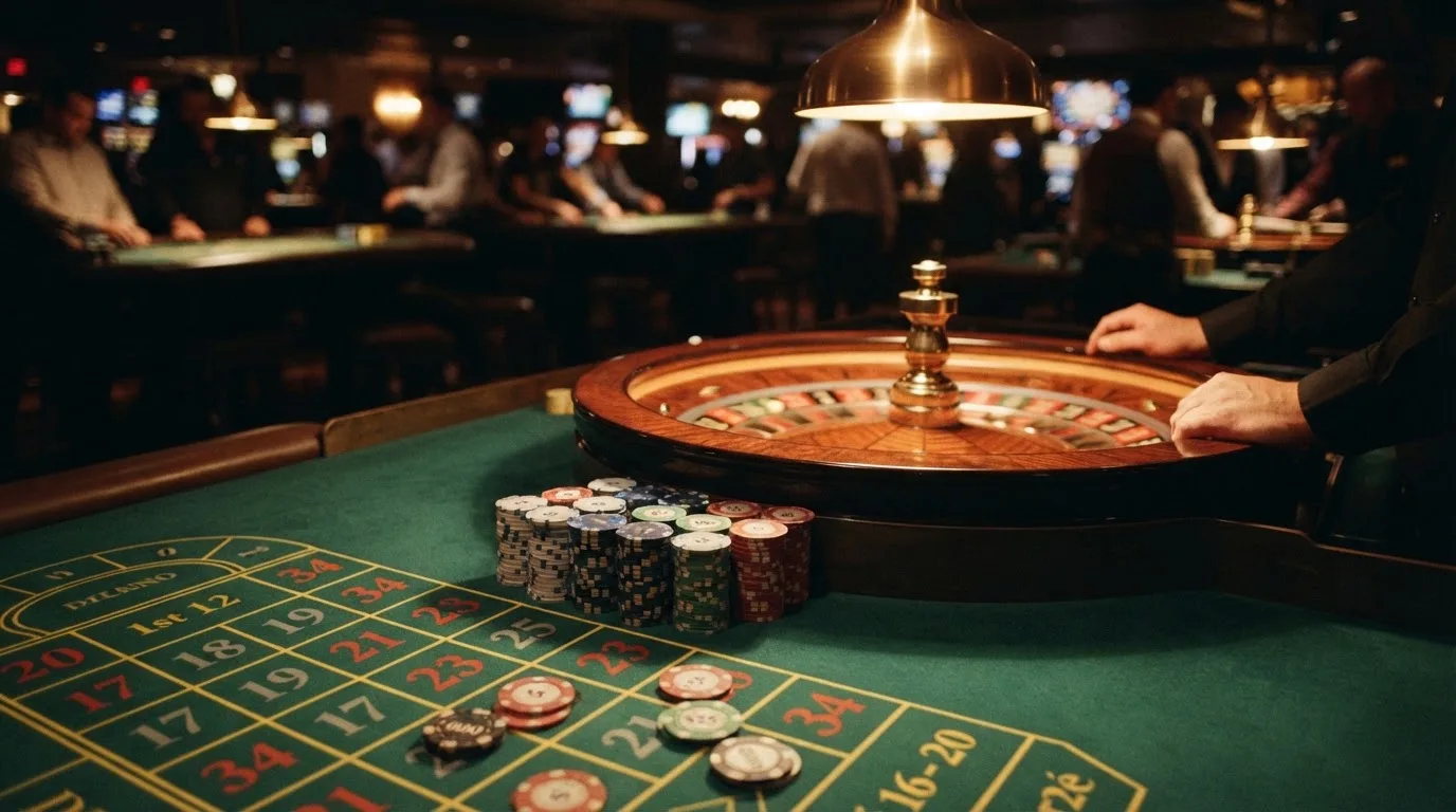 Roulettehjul och spelmarker på grön filt i varmt kvällsljus — 100 euro casino i sverige