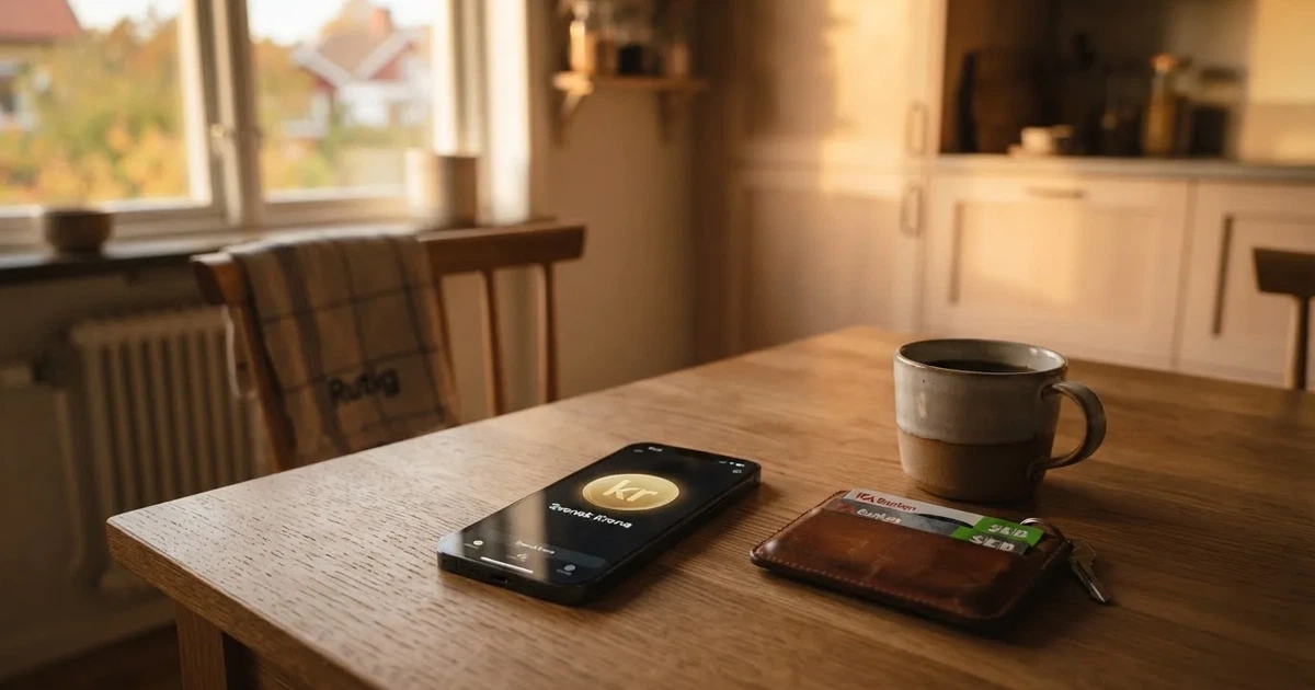 Mobiltelefon på ett träbord bredvid en plånbok och en kopp kaffe — 100 euro casino i sverige