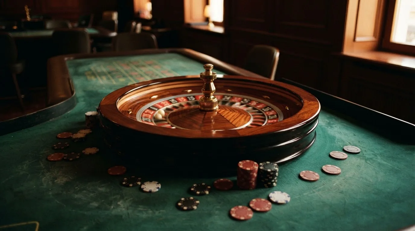 Roulettehjul och spelmarker på grön filt i varmt kvällsljus — 100 free spins casino i sverige