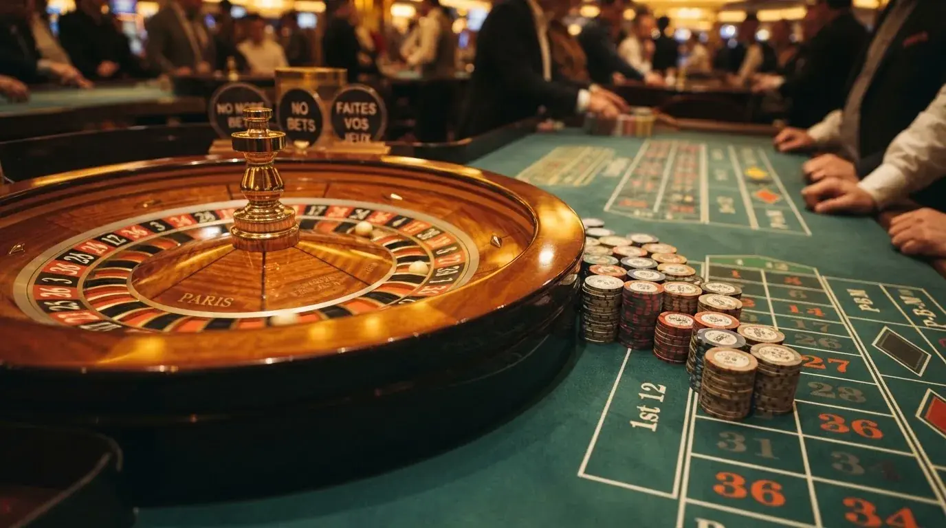 Roulettehjul och spelmarker på grön filt i varmt kvällsljus — 150 free spins casino i sverige