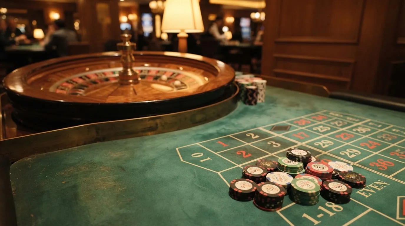 Roulettehjul och spelmarker på grön filt i varmt kvällsljus — bästa blackjack i sverige