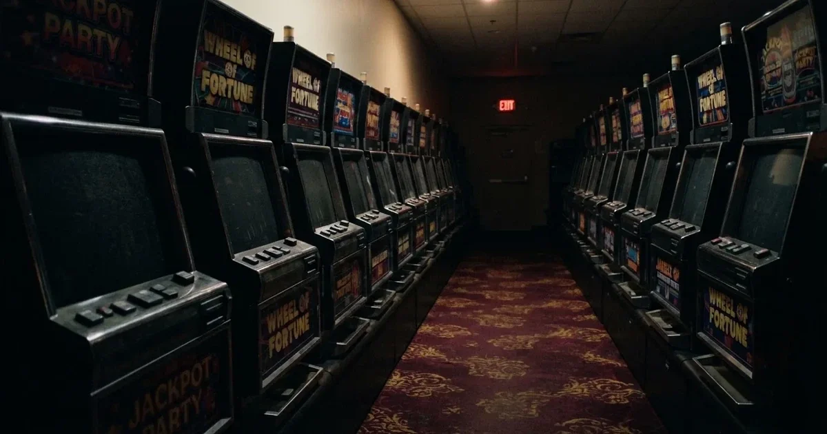 Rader av tomma spelautomater med släckta skärmar står uppställda i ett dimmat rum, fotograferat snett från sidan.