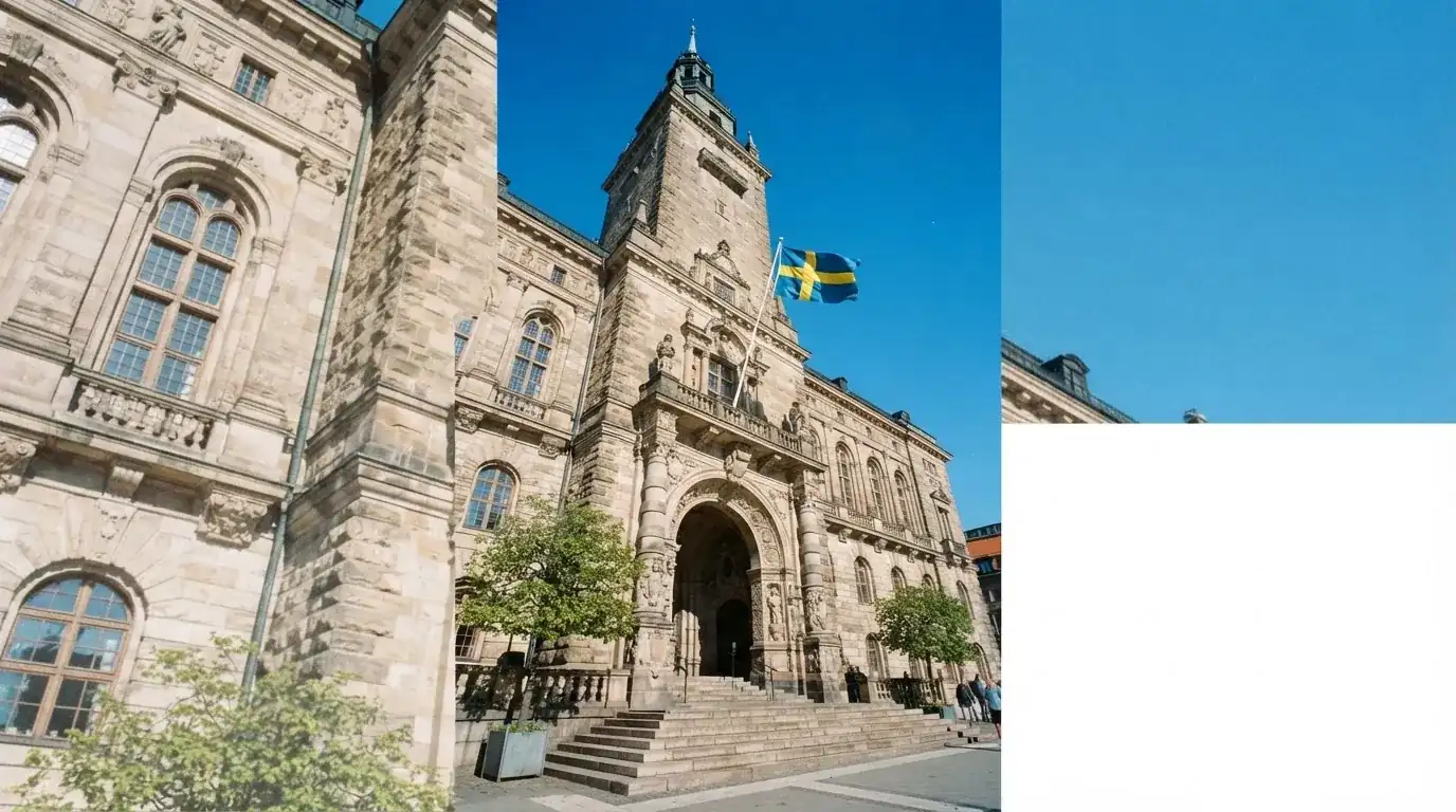 Ett gammalt stadshus i sten fotograferat underifrån mot en klarblå himmel, med den svenska flaggan som fladdrar ovanför entrén.