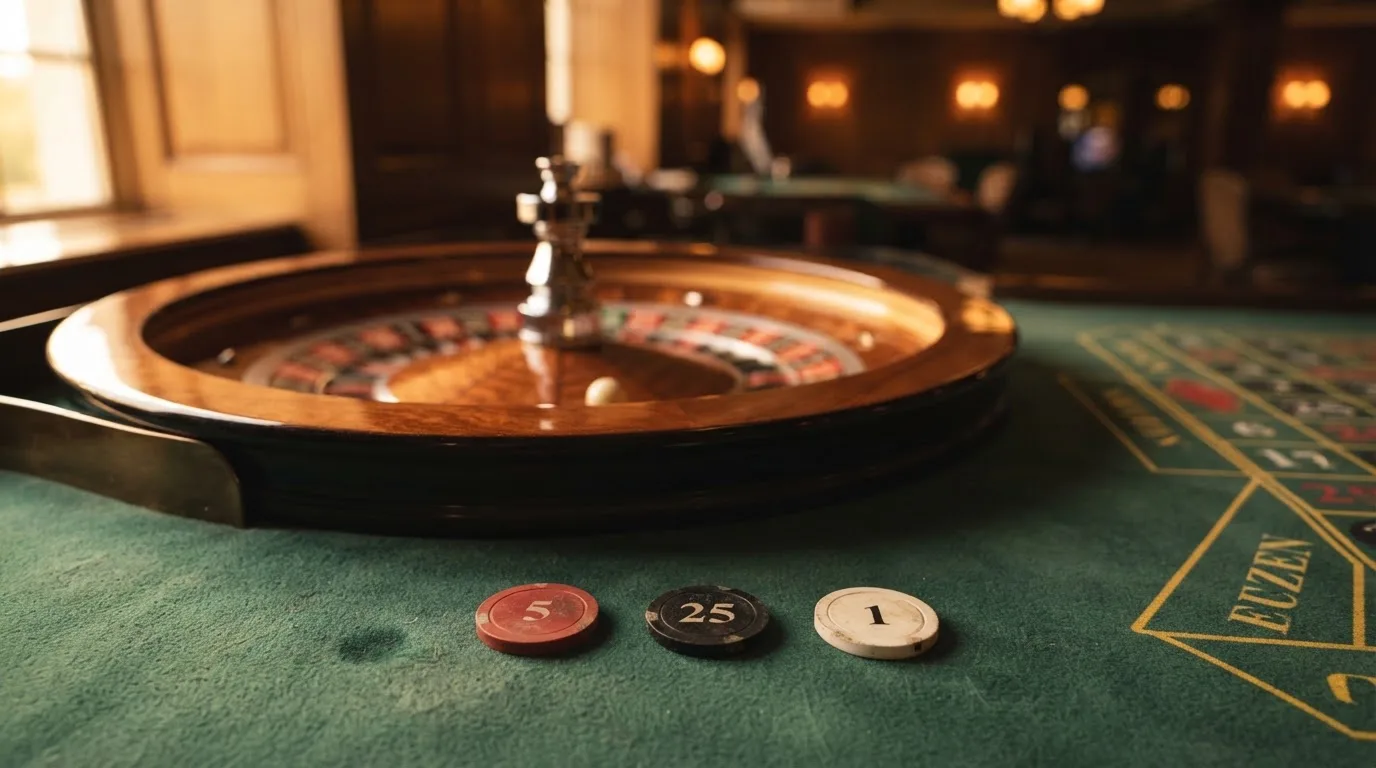 Roulettehjul och spelmarker på grön filt i varmt kvällsljus — blackjack gratis i sverige