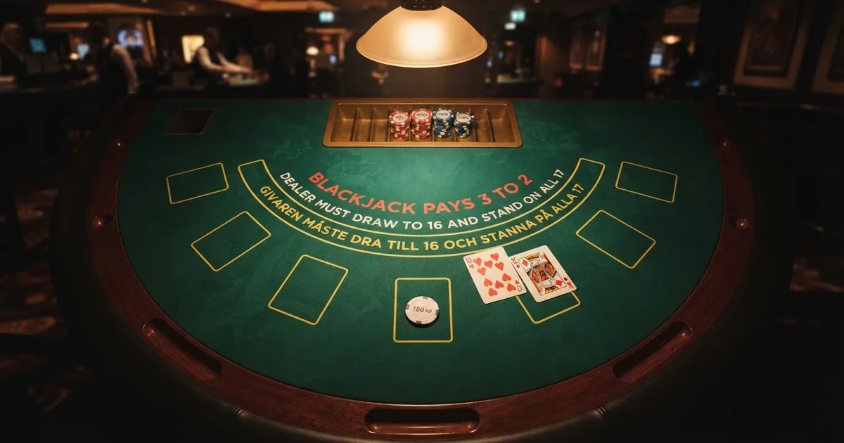 Upplyst spelbord med kort, sett ovanifrån — blackjack gratis i sverige