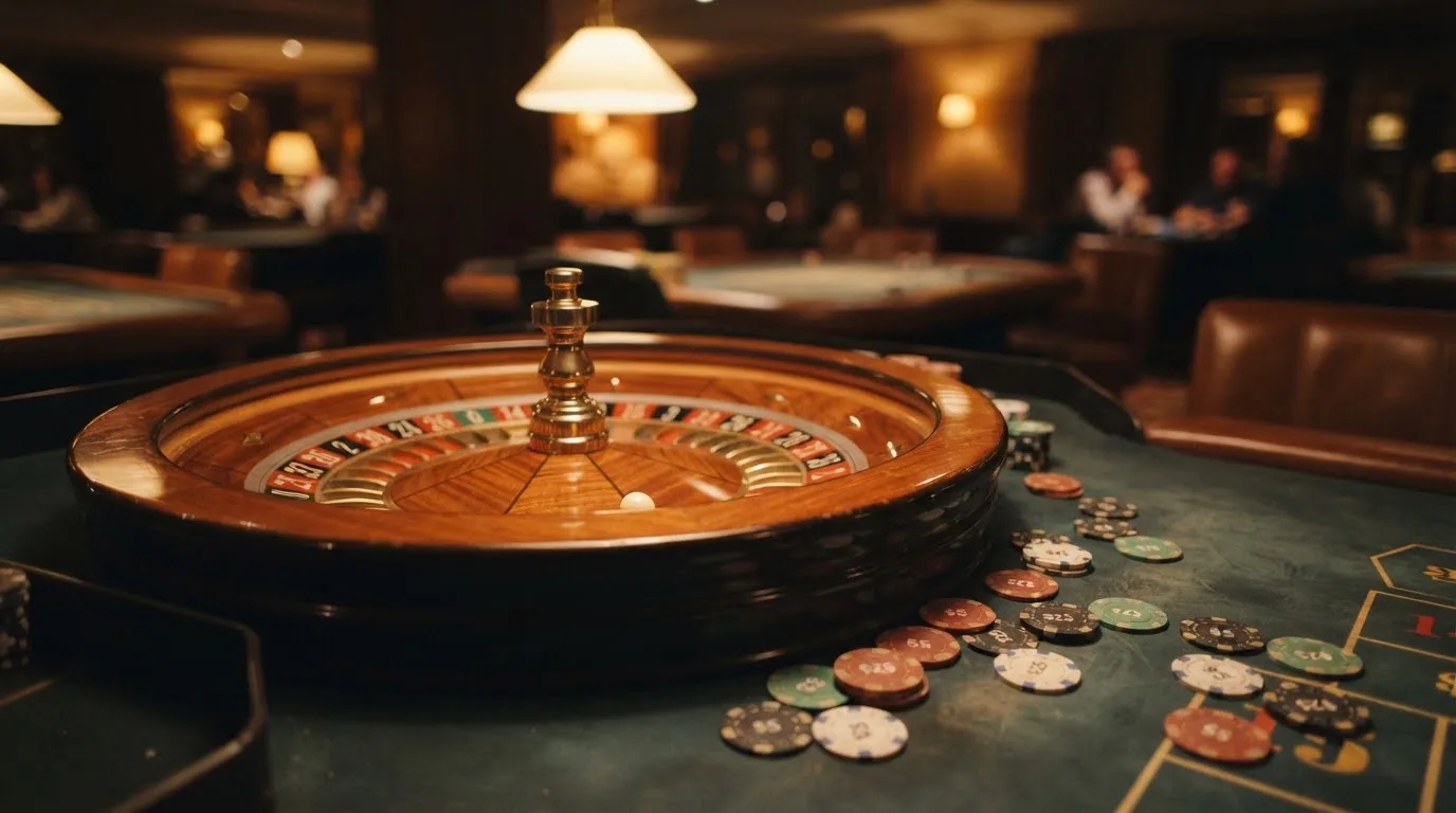 Roulettehjul och spelmarker på grön filt i varmt kvällsljus — blackjack med live dealer i sverige