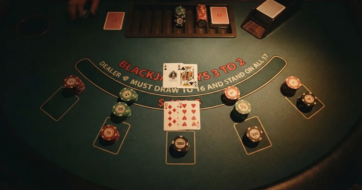 Upplyst spelbord med kort, sett ovanifrån — blackjack med live dealer i sverige