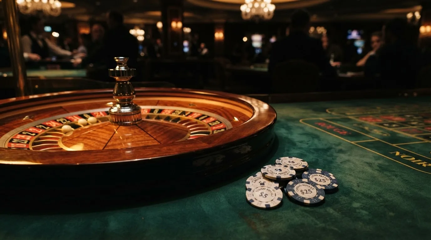 Roulettehjul och spelmarker på grön filt i varmt kvällsljus — blackjack på nätet i sverige