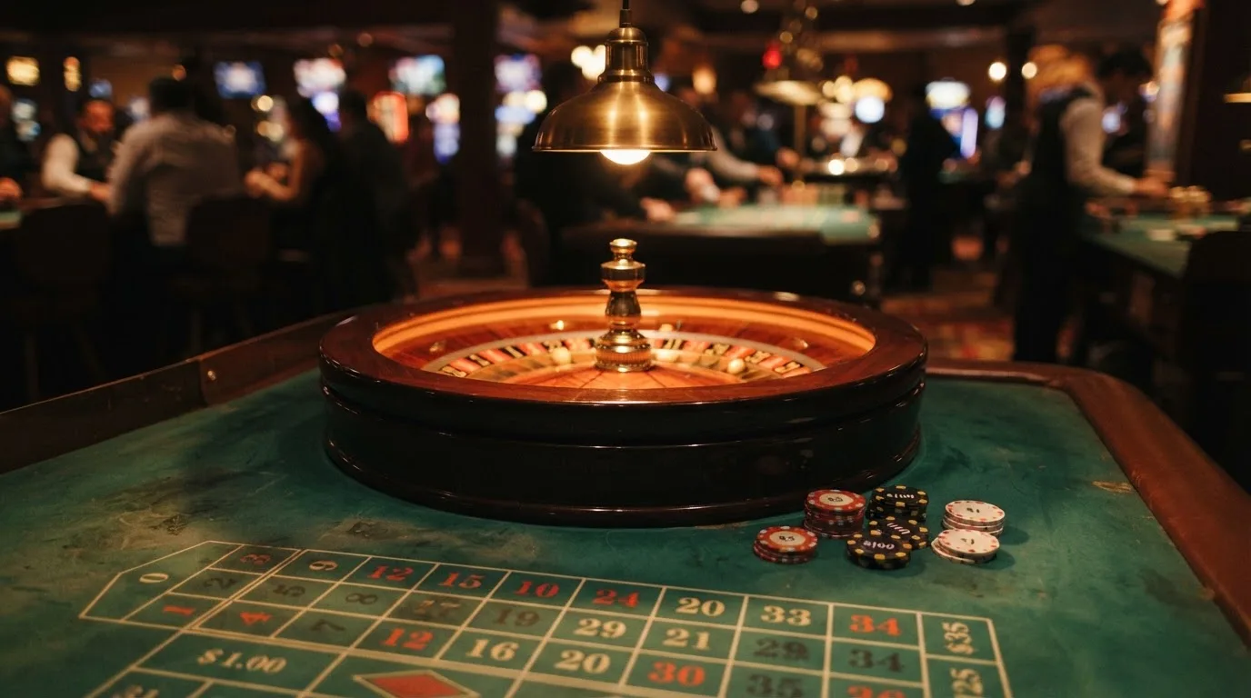 Roulettehjul och spelmarker på grön filt i varmt kvällsljus — bra svenska casinon