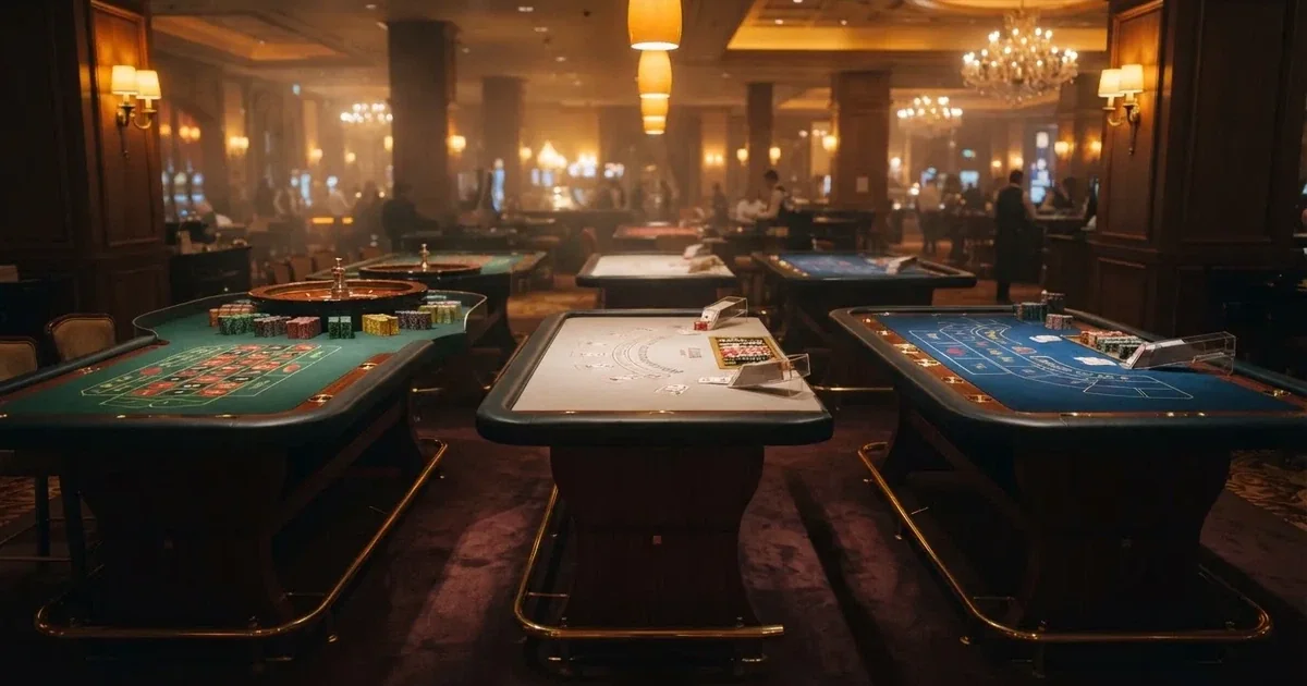 Tre olika spelbord bredvid varandra i en lugn, varmt upplyst spelsal — bra svenska casinon