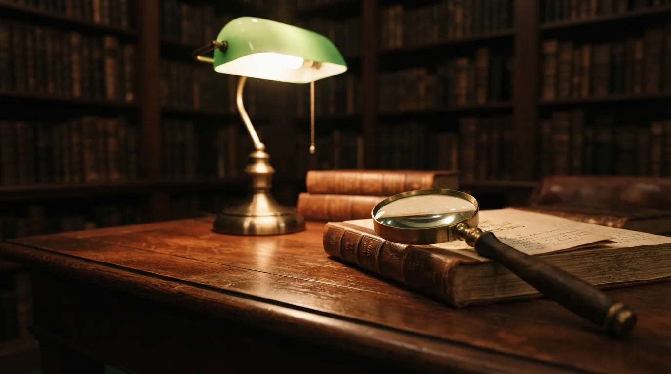Ett förstoringsglas vilar på ett träbord bredvid en tänd skrivbordslampa i ett tyst bibliotek sent på kvällen.