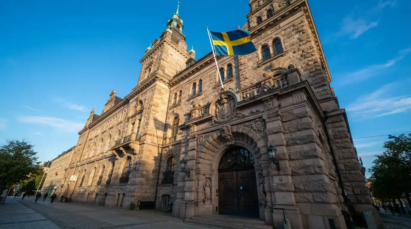 Ett gammalt stadshus i sten fotograferat underifrån mot en klarblå himmel, med den svenska flaggan som fladdrar ovanför entrén.