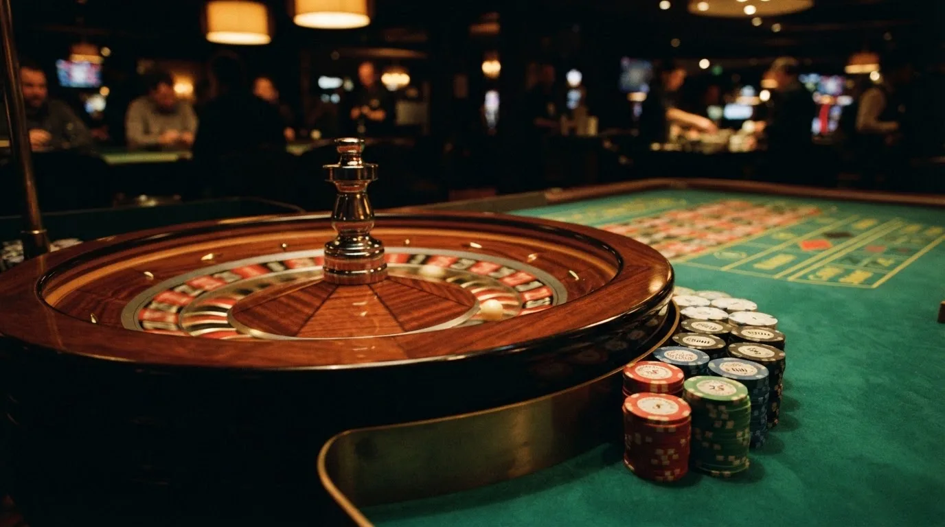 Roulettehjul och spelmarker på grön filt i varmt kvällsljus — casino regler för svenskar