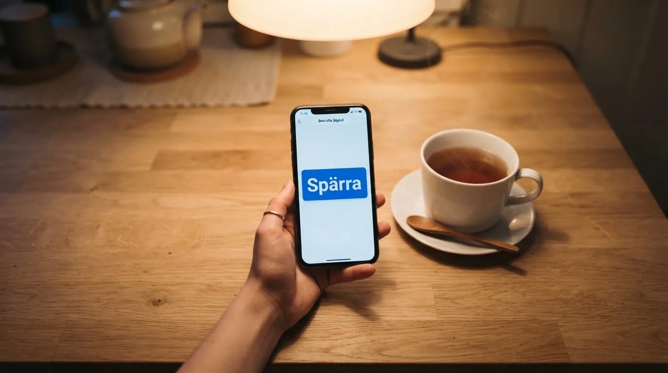 Hand håller en mobiltelefon bredvid en kopp te vid ett köksbord en lugn kväll — casino regler för svenskar