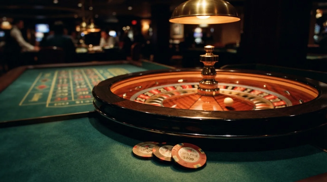 Roulettehjul och spelmarker på grön filt i varmt kvällsljus — casinon med curaçao licens