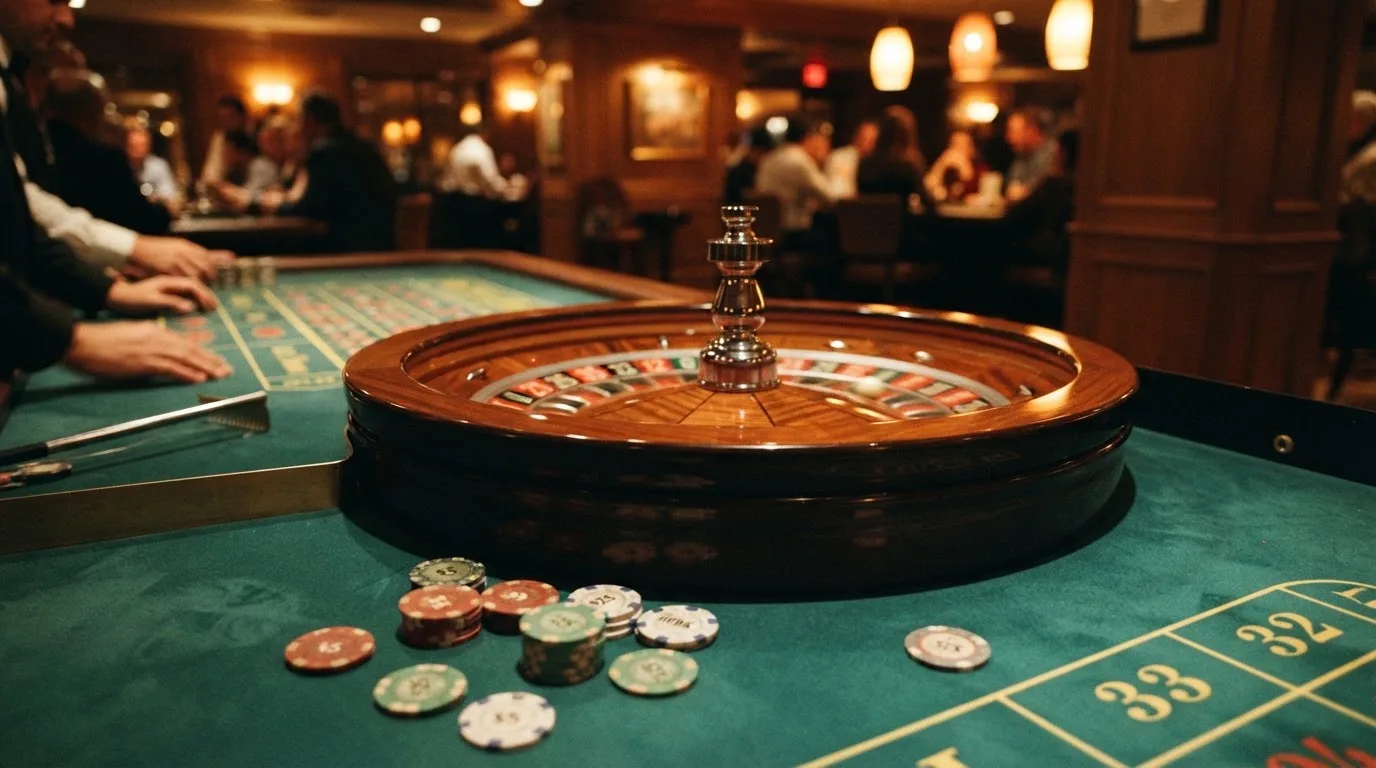 Roulettehjul och spelmarker på grön filt i varmt kvällsljus — casinon med jackpot i sverige