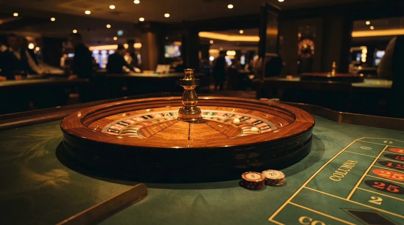 Roulettehjul och spelmarker på grön filt i varmt kvällsljus — casinon med slots i sverige