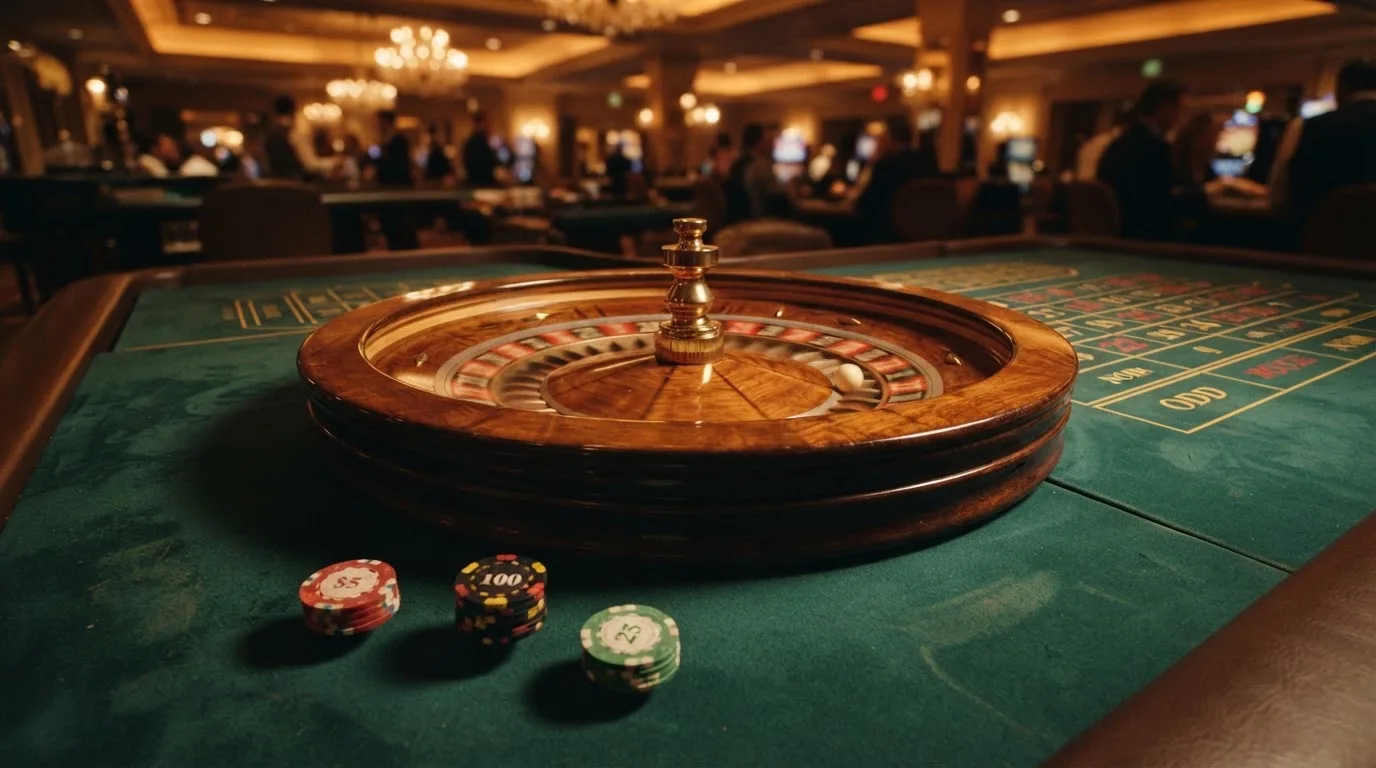 Roulettehjul och spelmarker på grön filt i varmt kvällsljus — casinon med uttag i sverige