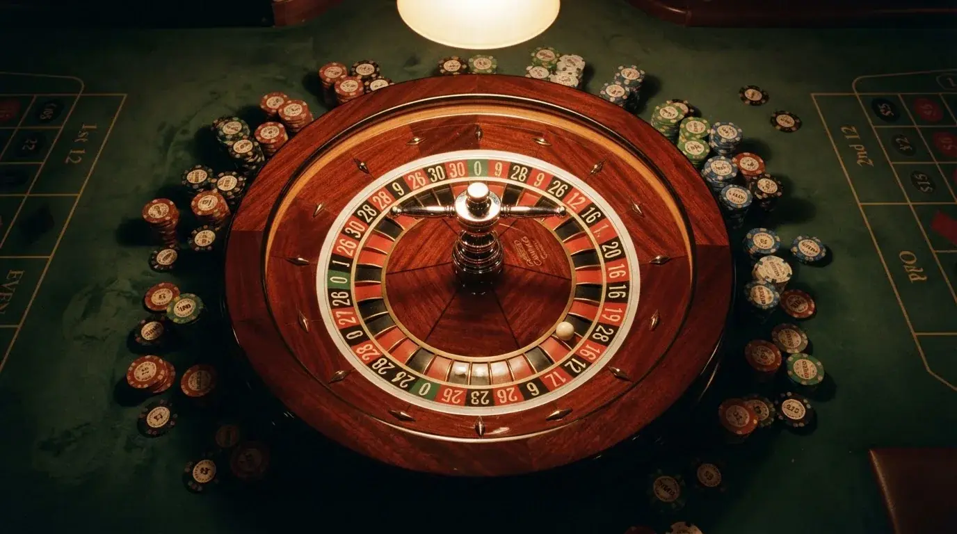 Roulettehjul och spelmarker på grön filt i varmt kvällsljus — casinon utan bankid i sverige