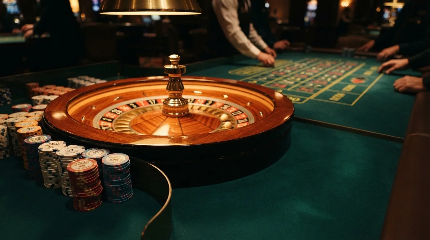 Roulettehjul och spelmarker på grön filt i varmt kvällsljus — casinon utan spelgräns i sverige