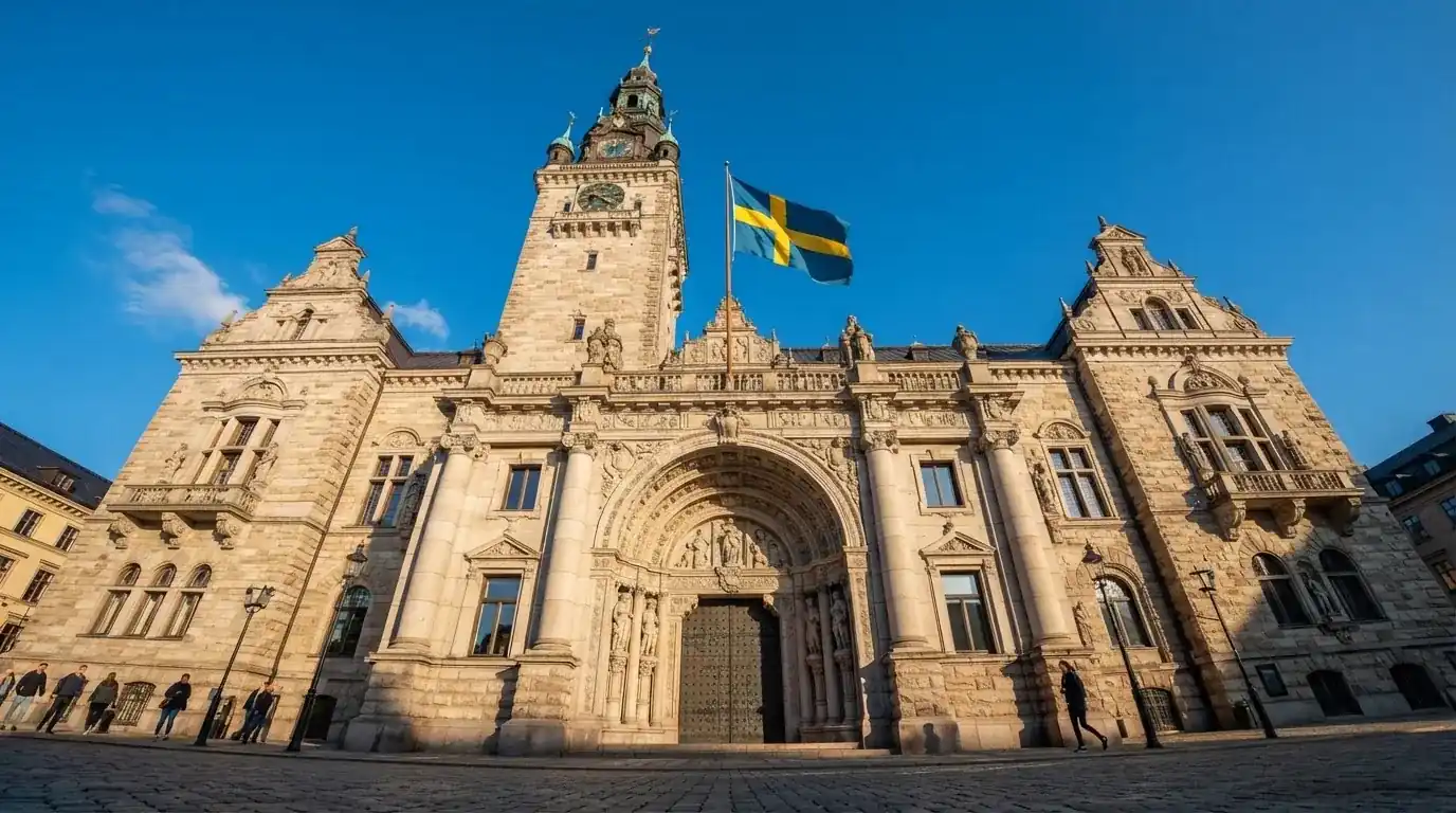 Ett gammalt stadshus i sten fotograferat underifrån mot en klarblå himmel, med den svenska flaggan som fladdrar ovanför entrén.