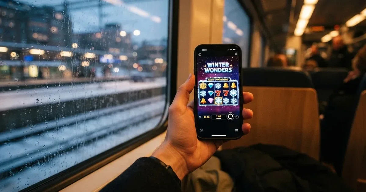 Mobiltelefon i handen på en pendeltåg i Stockholm en vinterkväll — mobil kasino i sverige