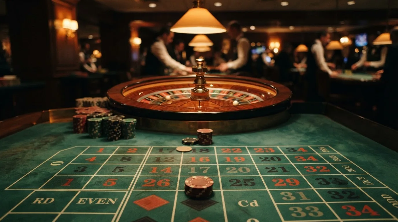 Roulettehjul och spelmarker på grön filt i varmt kvällsljus — svenska casinon med bitcoin