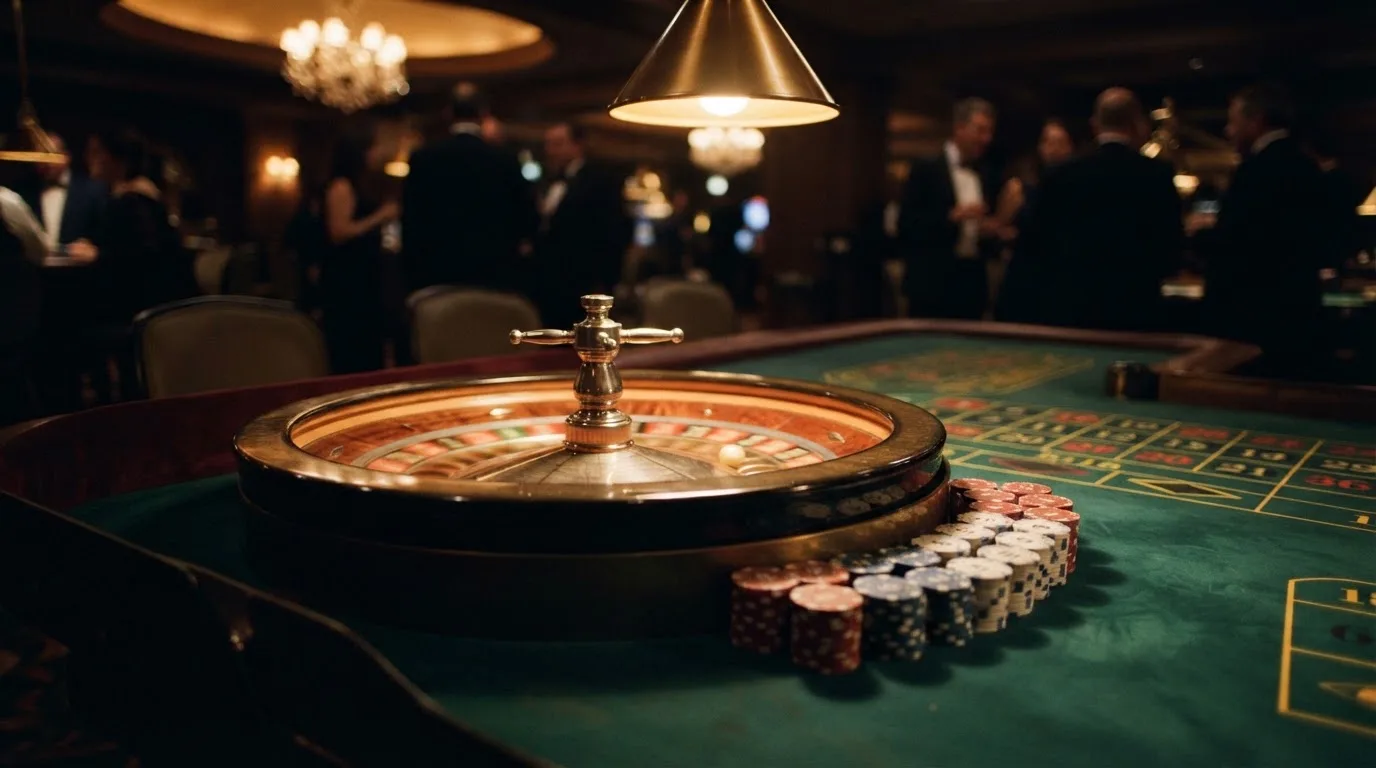 Roulettehjul och spelmarker på grön filt i varmt kvällsljus — svenska casinon med dogecoin