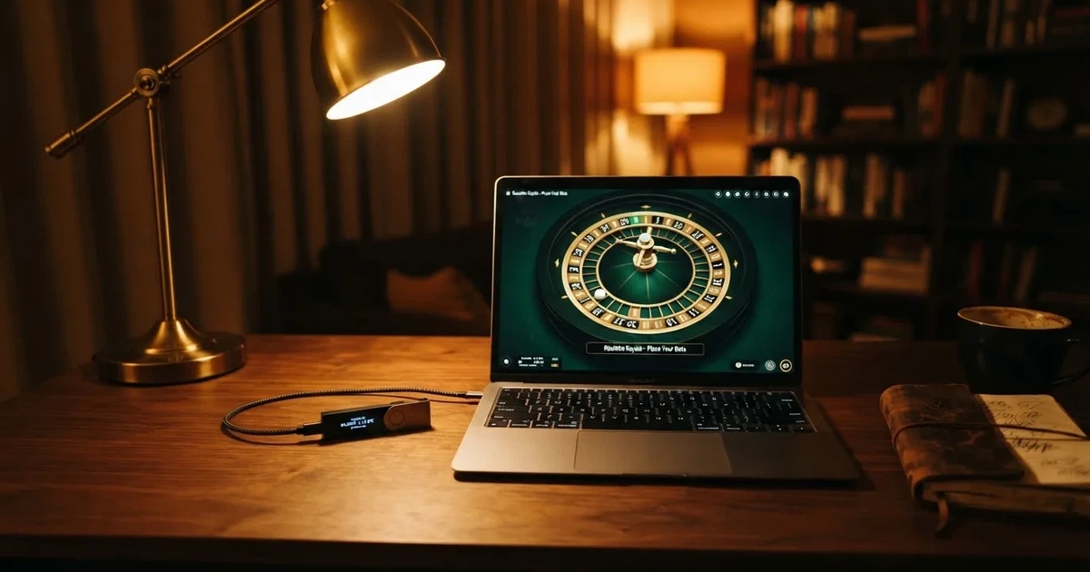 Hårdvaruplånbok och bärbar dator på ett skrivbord i dämpat ljus — svenska casinon med dogecoin