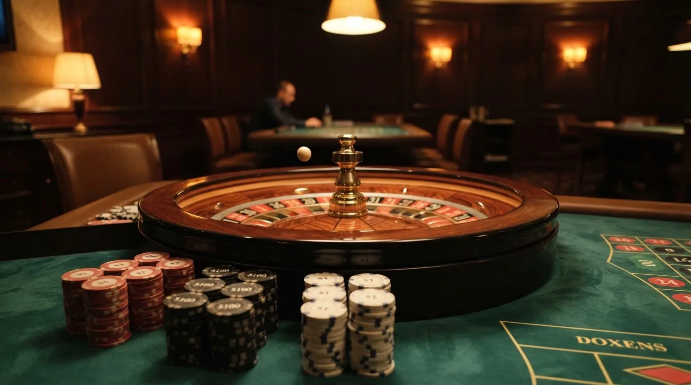 Roulettehjul och spelmarker på grön filt i varmt kvällsljus — svenska casinon på android