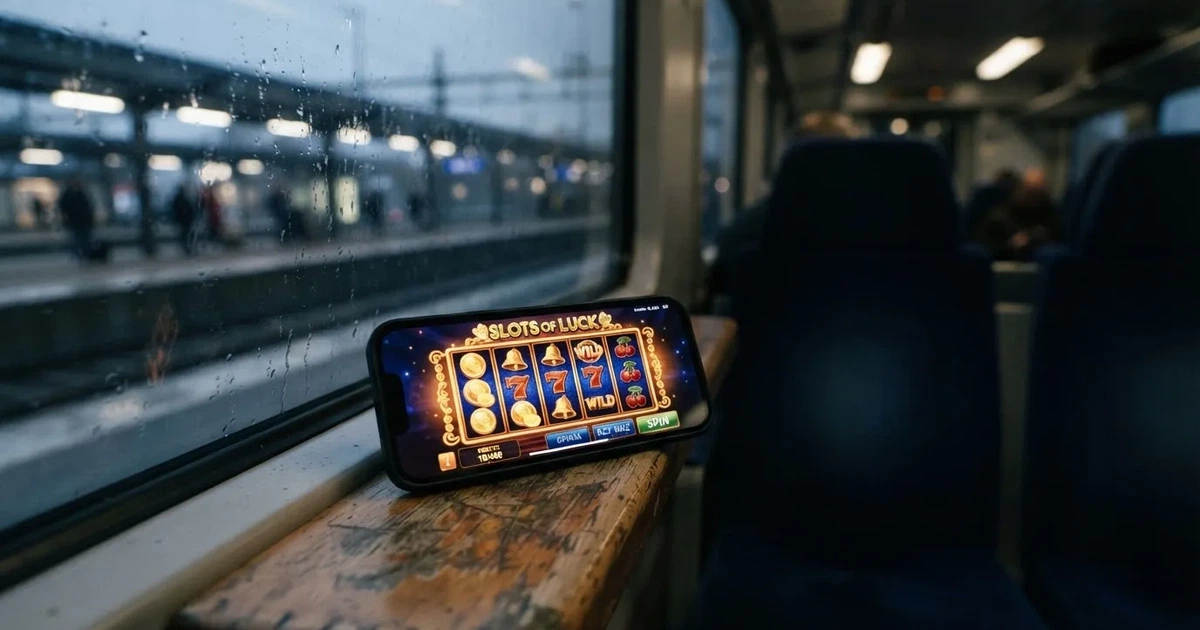 Mobiltelefon i handen på en pendeltåg i Stockholm en vinterkväll — svenska casinon på android